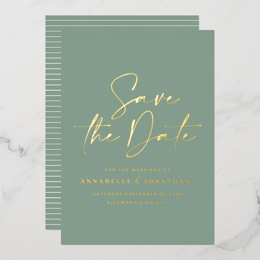 script salie groene folie bruiloft save the date folie uitnodiging (Voorkant / Achterkant)