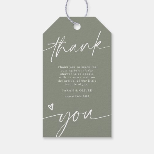 Script Saliegroene Baby Shower Bedankkaart Cadeaulabel (Voorkant)