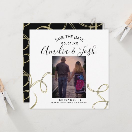 Script Save the Date Foto Faux Swirl Zwart Wit Kaart (Voorkant / Achterkant in situ)