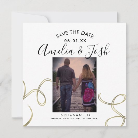 Script Save the Date Foto Faux Swirl Zwart Wit Kaart (Voorkant)