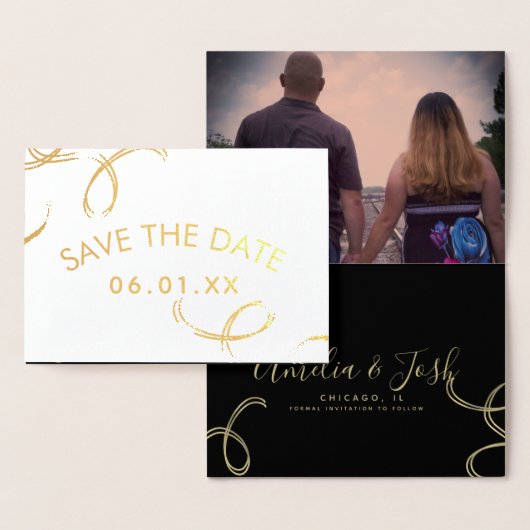 Script Save the Date Foto Neppe Swirl Zwart Goud Folie Kaarten (Display)