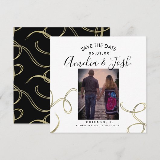 Script Save the Date Foto Neppe Swirl Zwart Wit Kaart (Voorkant / Achterkant)