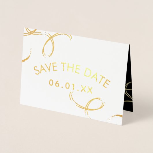 Script Save the Date Photo Faux Swirl Black Gold Folie Kaarten (Voorkant)