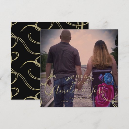Script Save the Date Photo Faux Swirl Black Gold Kaart (Voorkant / Achterkant)