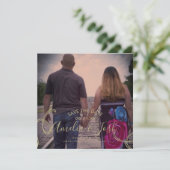 Script Save the Date Photo Faux Swirl Black Gold Kaart (Staand voorkant)