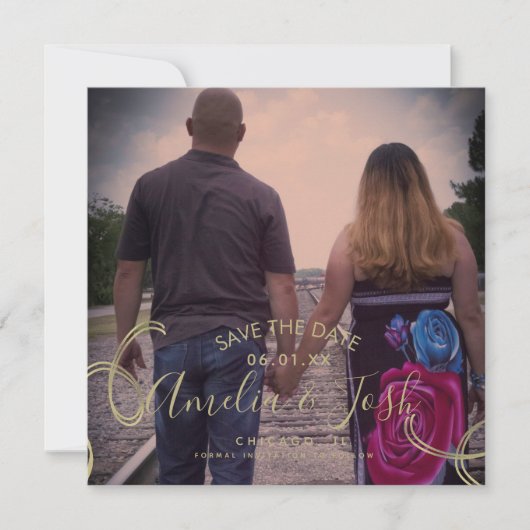 Script Save the Date Photo Faux Swirl Black Gold Kaart (Voorkant)