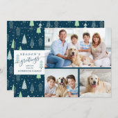 Script SEIZOENSGREET Blue Groen Bomen 3 Foto's Feestdagenkaart (Voorkant / Achterkant)
