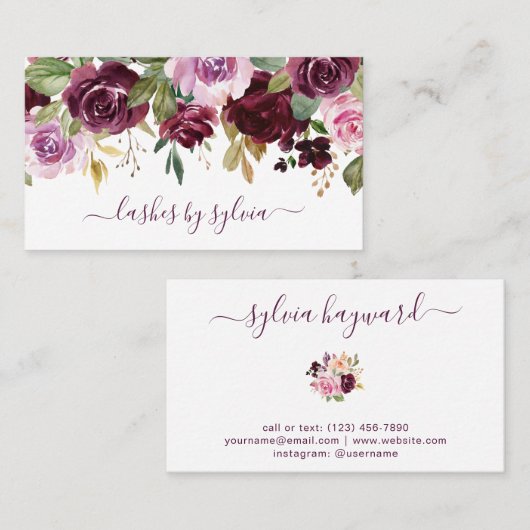 Script Signature Elegant Paarse Waterverf Floral Visitekaartje (Voorkant / Achterkant)