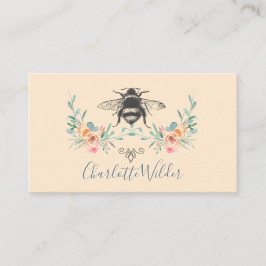 Script Signature Gepersonaliseerde Bee Floral Crea Contactkaartje (Voorkant)
