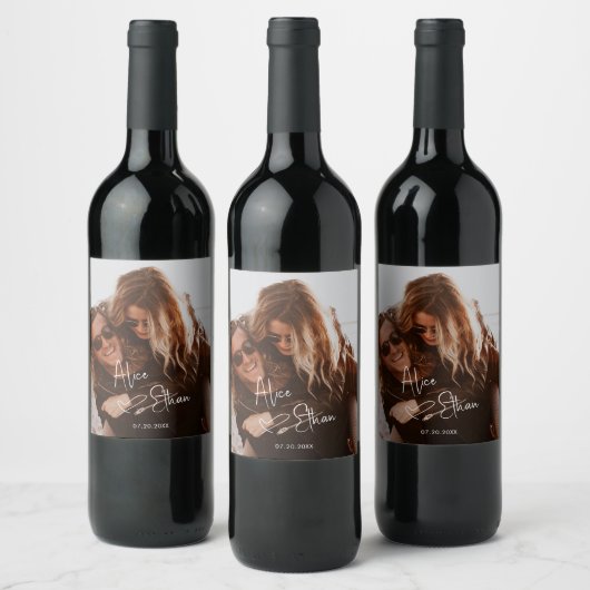 Script Signature Heart Photo Weddenschap Wijn Etiket (Flessen)