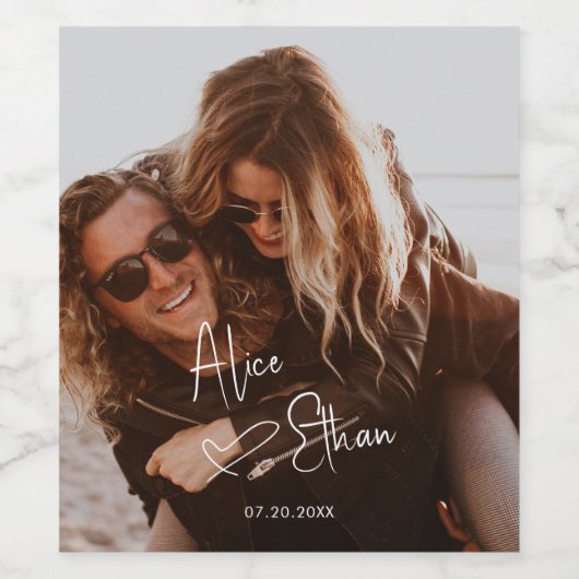 Script Signature Heart Photo Weddenschap Wijn Etiket (Enkel label)