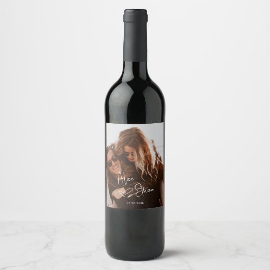 Script Signature Heart Photo Weddenschap Wijn Etiket (Voorkant)