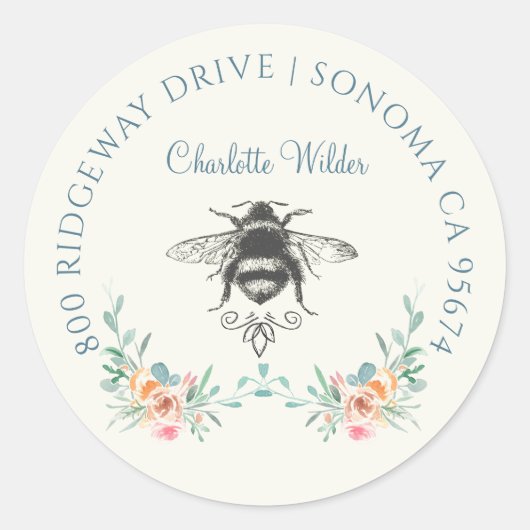 Script Signature Personalized Bee Floral Ronde Sticker (Voorkant)