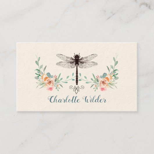 Script Signature Personalized Dragonfly Floral Contactkaartje (Voorkant)
