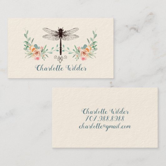 Script Signature Personalized Dragonfly Floral Contactkaartje (Voorkant / Achterkant)