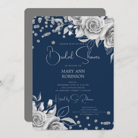 Script Silver Floral Glitter Vrijgezellenfeest Nav Kaart (Voorkant / Achterkant)