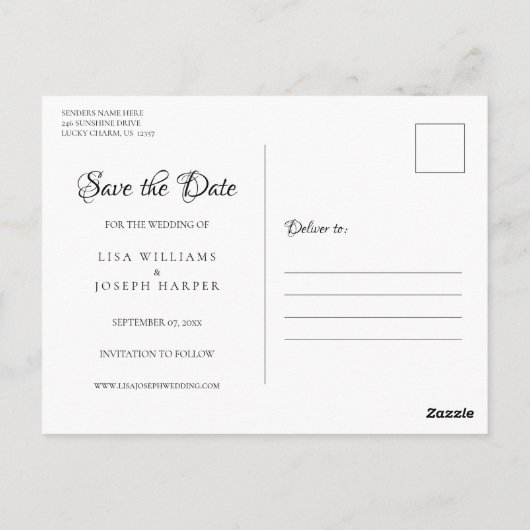 Script Sla de datum foto bruiloft elegant op Briefkaart (Achterkant)