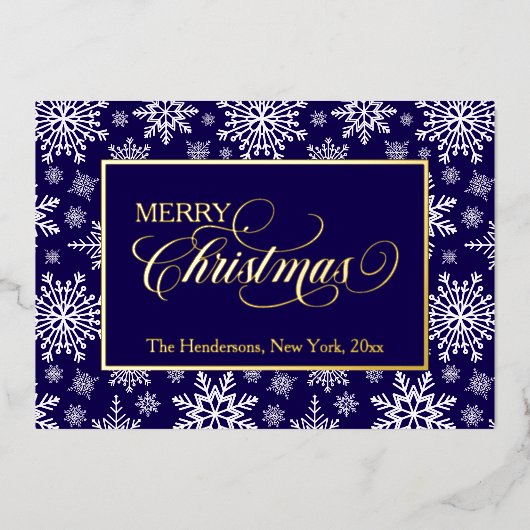 Script sneeuwvlokblauw folie feestdagenkaart (Voorkant)