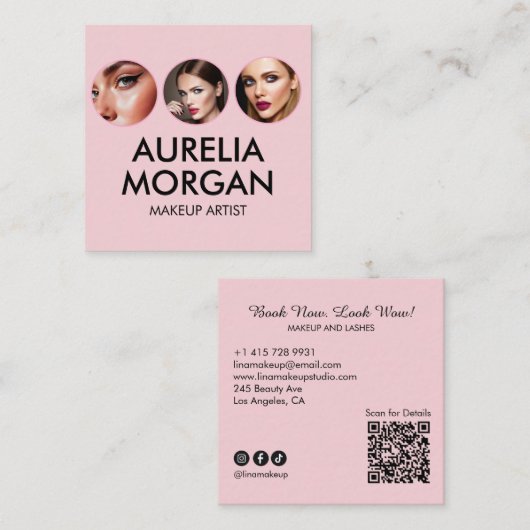 Script Sociaal Icoon QR Code Foto Make-up Kunstena Vierkante Visitekaartje (Voorkant / Achterkant)