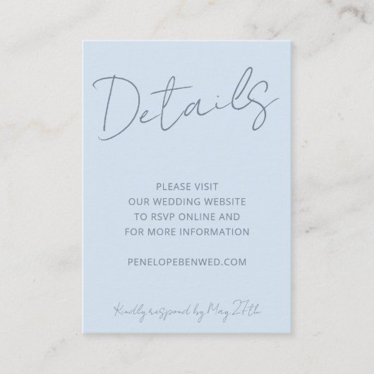 Script Soft Blue Wedding Website Details QR Modern Informatiekaartje (Voorkant)