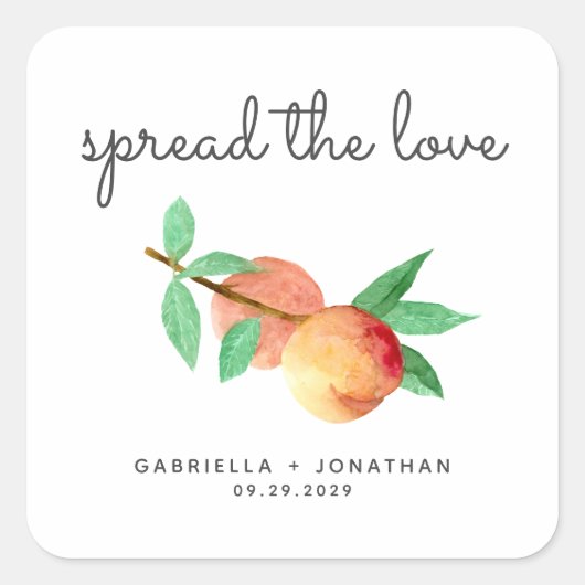Script Spread The Love Peach Jam Wedding Favor Vierkante Sticker (Voorkant)