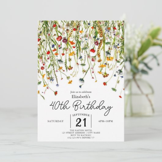 Script Spring Wildbloemen 40e verjaardag Kaart (Staand voorkant)