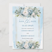 Script Stof Blauw Wit Goud Bloemen Save The Date Kaart (Voorkant)