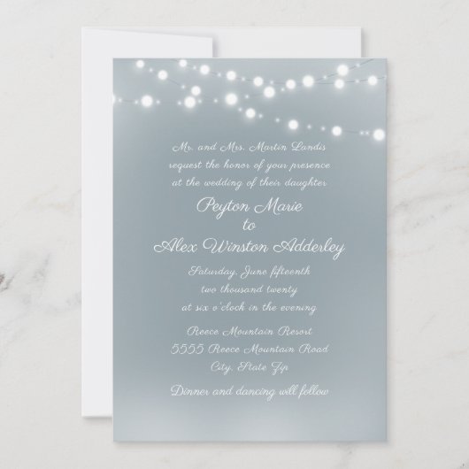 Script Stof Blauw Witte Slingerlampjes Bruiloft Kaart (Voorkant)