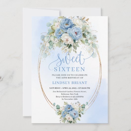 Script Style Dusty Blue Peonies Sweet 16 Birthday  Kaart (Voorkant)