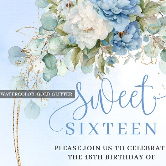 Script Style Dusty Blue Peonies Sweet 16 Birthday  Kaart