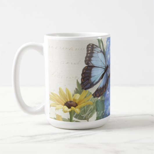  script - Sunflower Blue Floral Butterfly Koffiemok (Links)