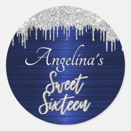 Script Sweet 16 Birthday Silver Glitter Blue Ronde Sticker (Voorkant)