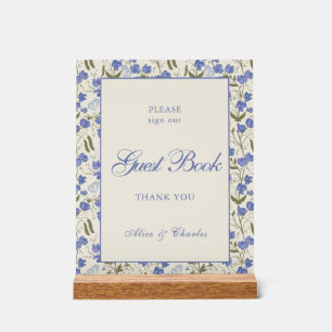 Script Sweet Pea Floral Cream en Blue Wedding Acryl Bord