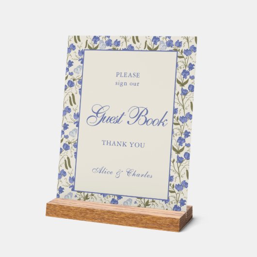 Script Sweet Pea Floral Cream en Blue Wedding Acryl Bord (Hoek)