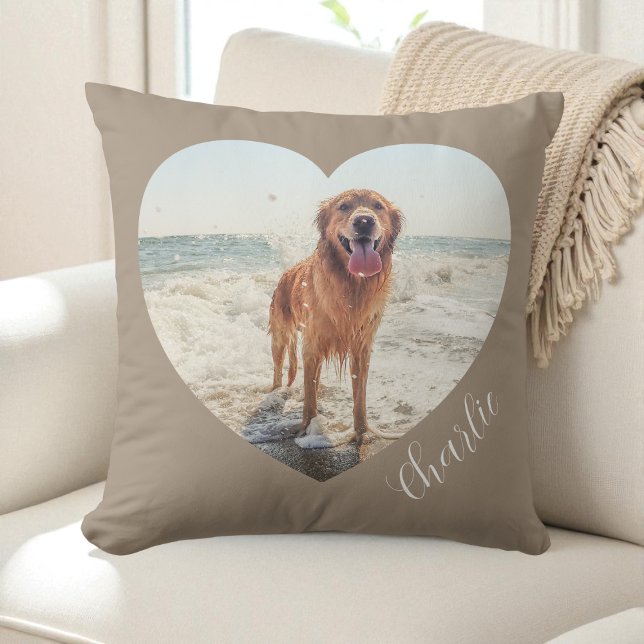 Script Taupe Huisdier Hart Foto Persoonlijke Hond Kussen (Script Taupe Pet Heart Photo Personalized Dog Throw Pillow)