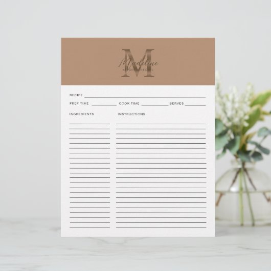 Script Taupe Metallic Gold Monogram Recipe (Staand voorkant)