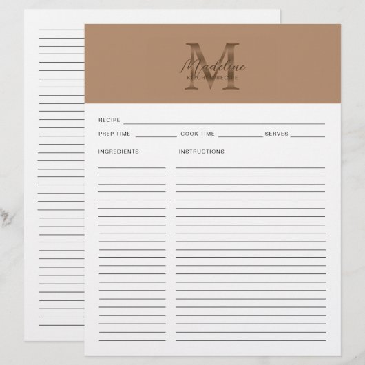 Script Taupe Metallic Gold Monogram Recipe (Voorkant / Achterkant)