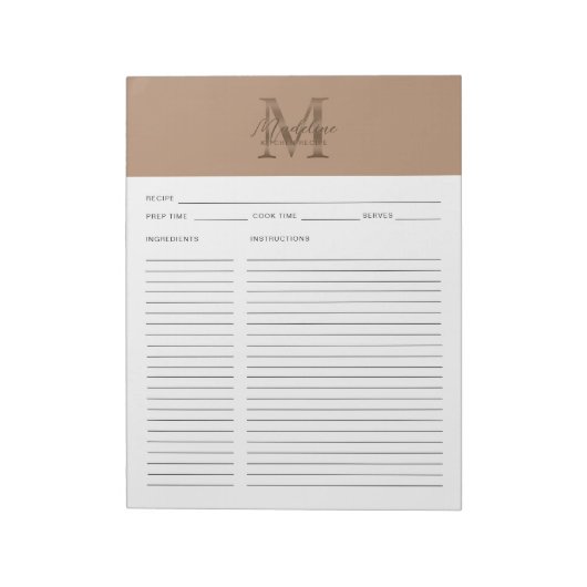Script Taupe Metallic Gold Monogram Recipe Notitieblok (Linkerzijde)