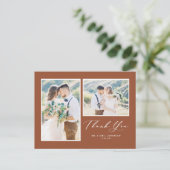 Script Terracotta twee foto bruiloft dank u Briefkaart (Staand voorkant)
