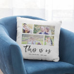 Script This Is Us Familienaam Fotocollage Kussen<br><div class="desc">Kussen met de woorden "this is us" in een stijlvol script met 4 foto's naast elkaar op de voor- en achterkant, waardoor er in totaal 8 foto's zijn die je kunt vervangen door je eigen foto's tegen een witte achtergrond. Je kunt ook je familienaam en het jaar van oprichting toevoegen....</div>