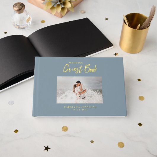 Script Trouwfoto Nautisch Blauw Trouwen Gastenboek (Voorkant open)