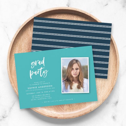Script Turquoise en Blauwe Foto Afstudeerfeest Kaart