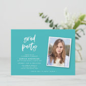 Script Turquoise en Blauwe Foto Afstudeerfeest Kaart (Staand voorkant)