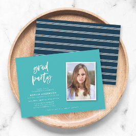 Script Turquoise en Blue Photo Graduparty Kaart