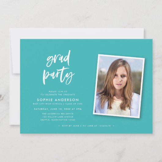 Script Turquoise en Blue Photo Graduparty Kaart (Voorkant)