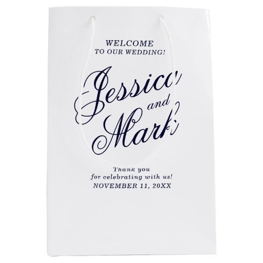 Script Typografie Blauw Bruiloft Welkom Medium Cadeauzakje (Voorkant)