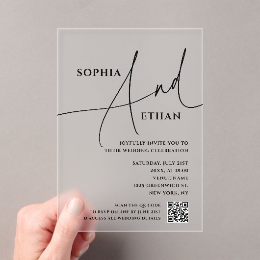 Script Typografie Minimalistische QR Code Huwelijk Acryl Uitnodigingen (Insitu (Draagbaar))
