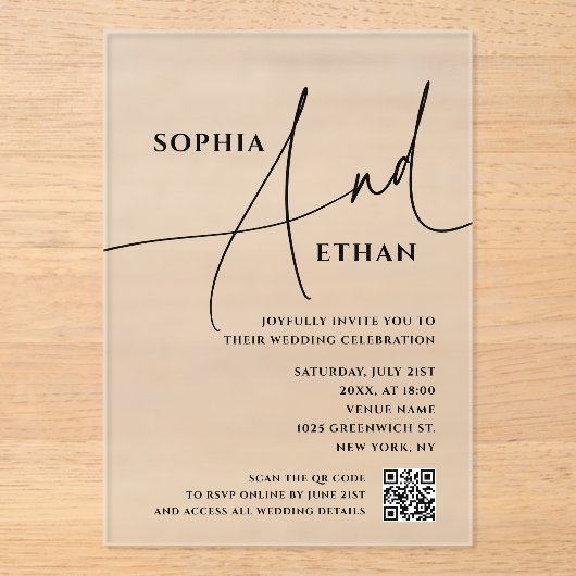 Script Typography Minimalist QR Code Wedding Acryl Uitnodigingen (Voorkant)