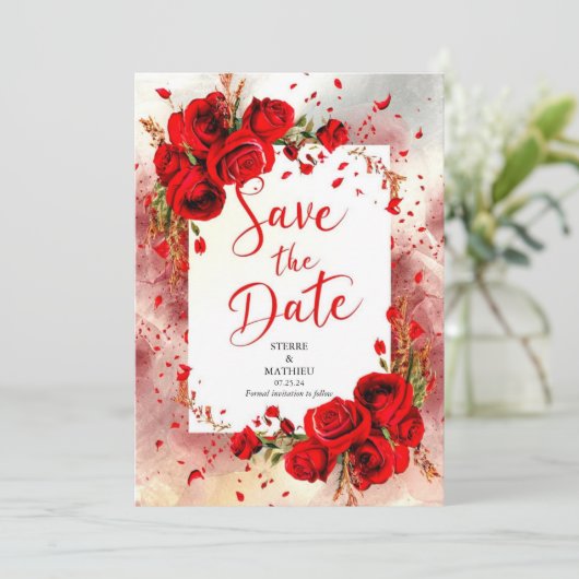Script Unieke Crimson Red Roses Bruiloft Save The Date (Staand voorkant)