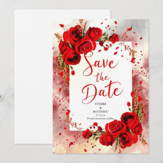 Script Unieke Crimson Red Roses Bruiloft Save The Date (Voorkant / Achterkant)